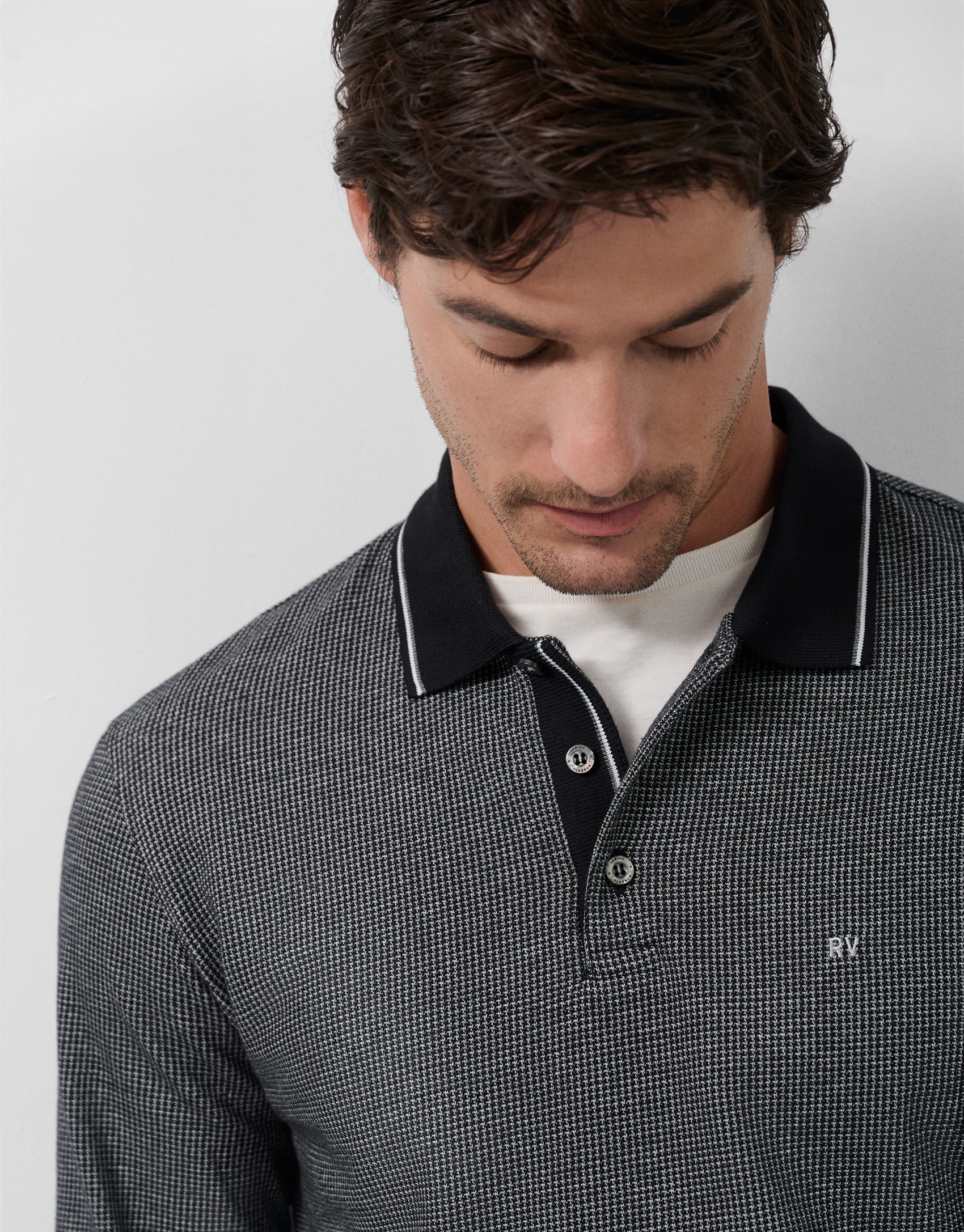 Polo manga larga jacquard negro/gris/blanco
