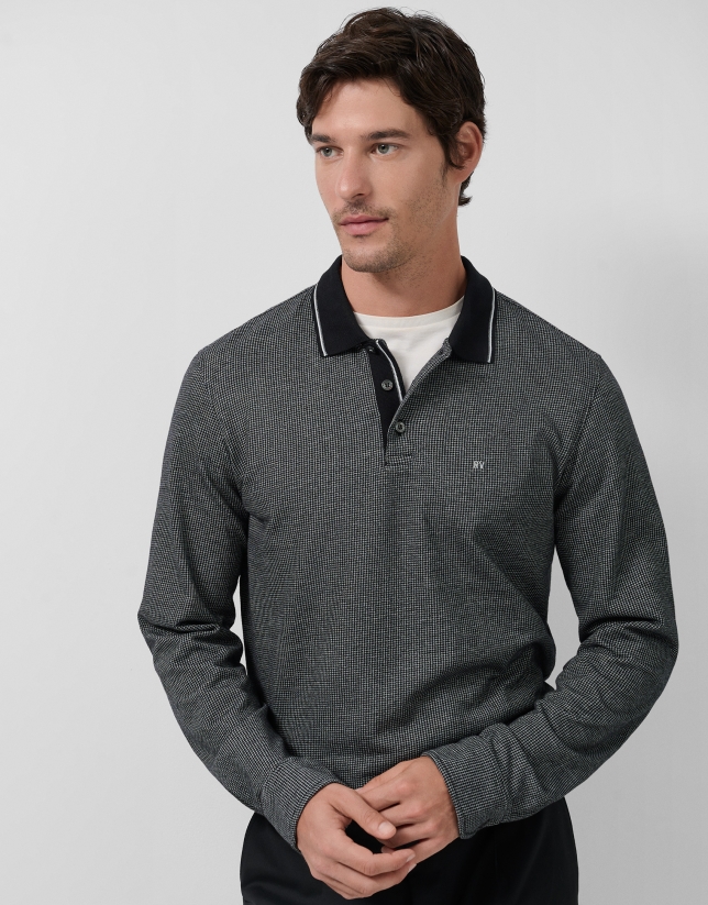 Polo manga larga jacquard negro/gris/blanco