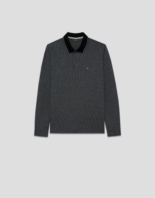 Black/grey/white jacquard long-sleeved polo shirt