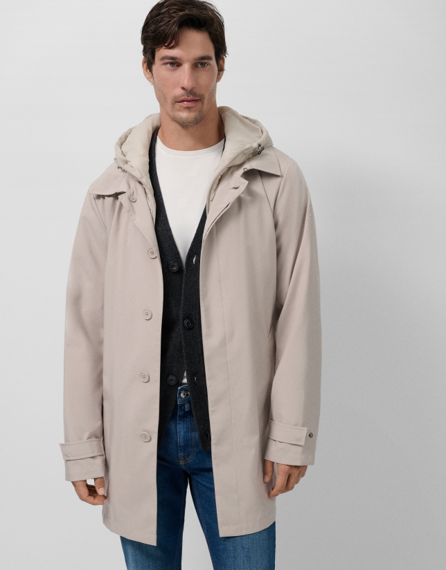 Stone-coloured trench coat with detachable front panel