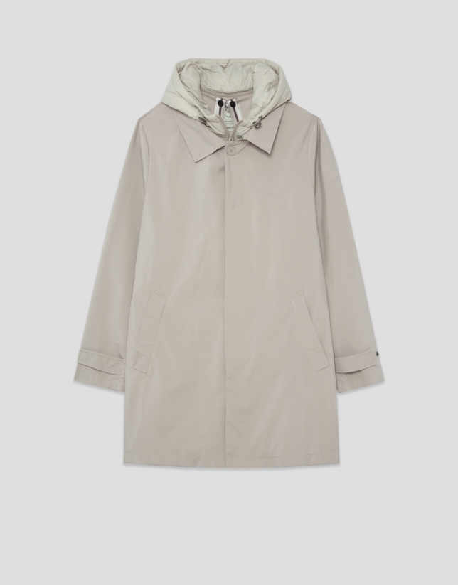 Stone-coloured trench coat with detachable front panel
