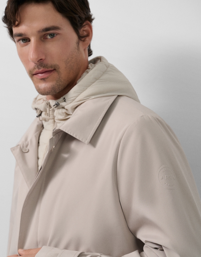 Stone-coloured trench coat with detachable front panel