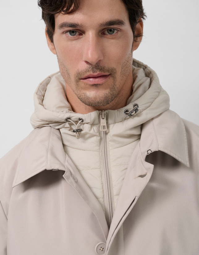 Stone-coloured trench coat with detachable front panel