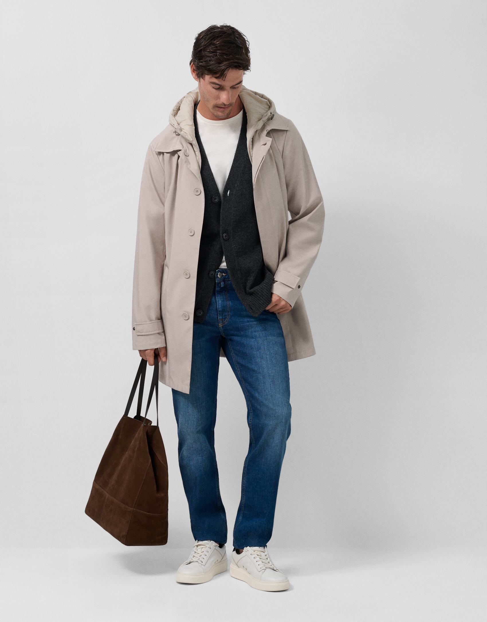 Stone-coloured trench coat with detachable front panel