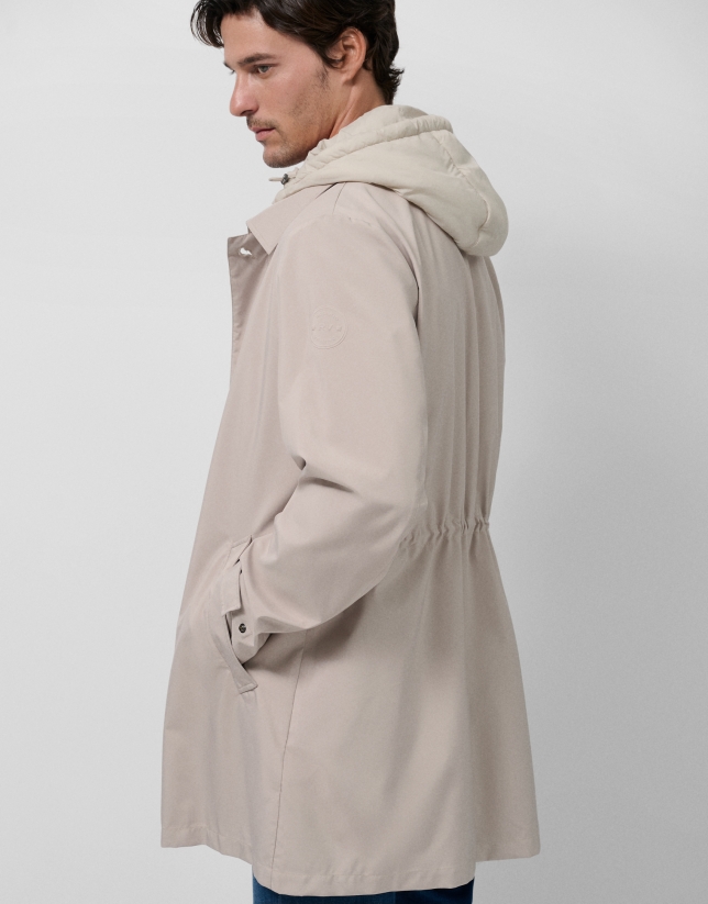 Stone-coloured trench coat with detachable front panel