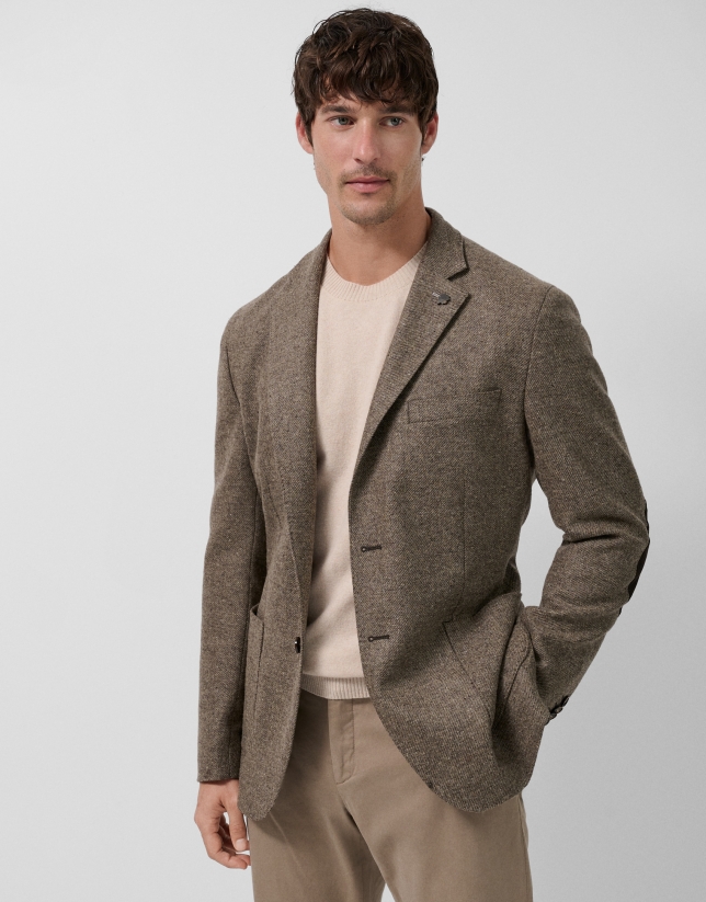 Tan wool twill blazer with elbow patches