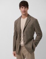 Tan wool twill blazer with elbow patches