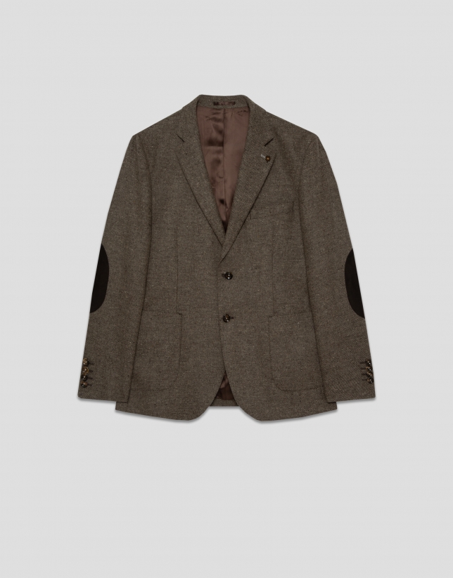 Tan wool twill blazer with elbow patches