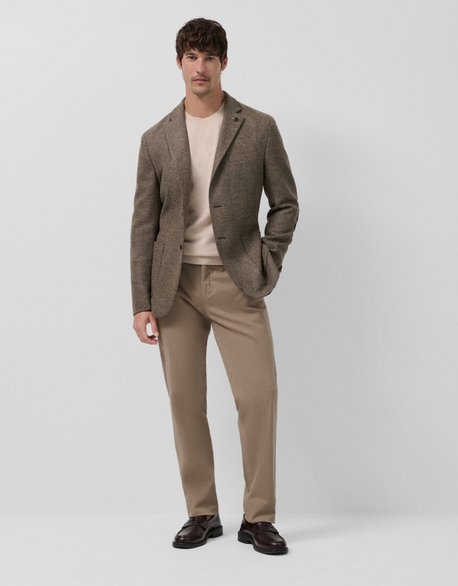 Tan wool twill blazer with elbow patches