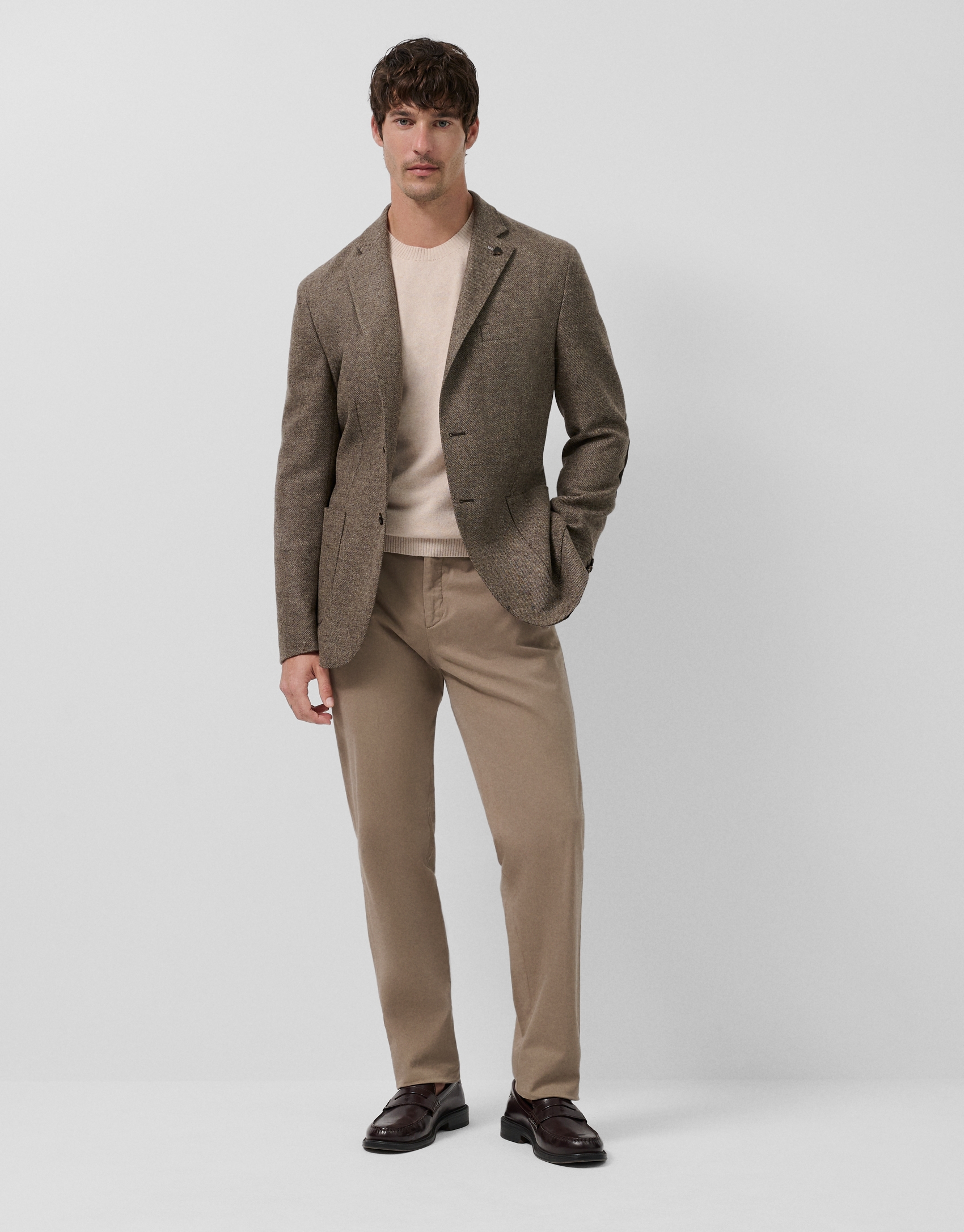 Tan wool twill blazer with elbow patches