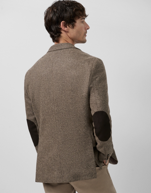 Tan wool twill blazer with elbow patches