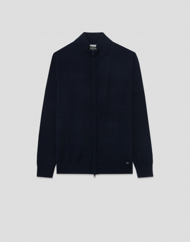 Plain high-neck navy zip-up jacket