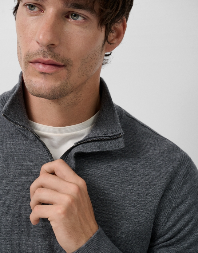 Jersey lana cuello cremallera gris melange