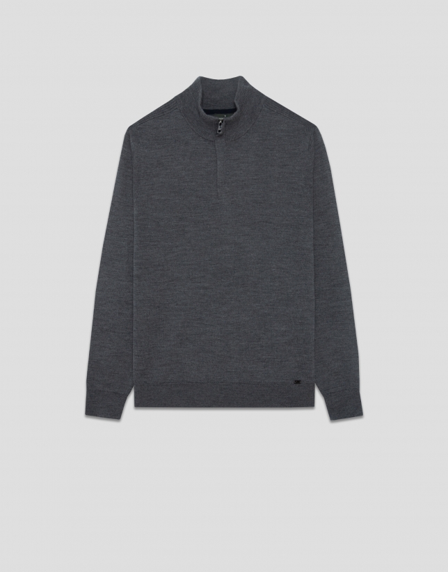 Jersey lana cuello cremallera gris melange