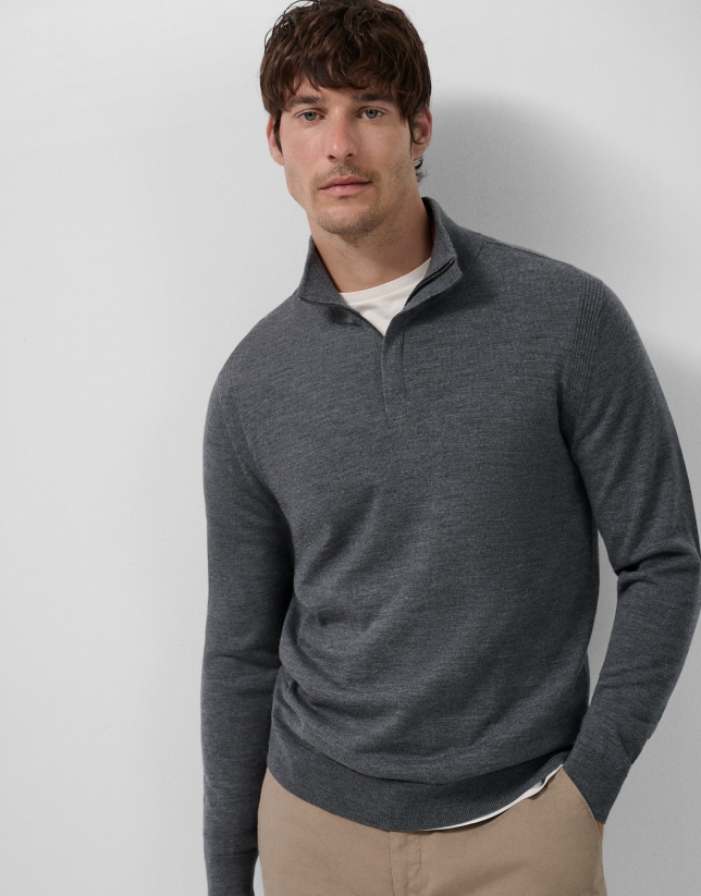 Grey melange wool zip-neck sweater