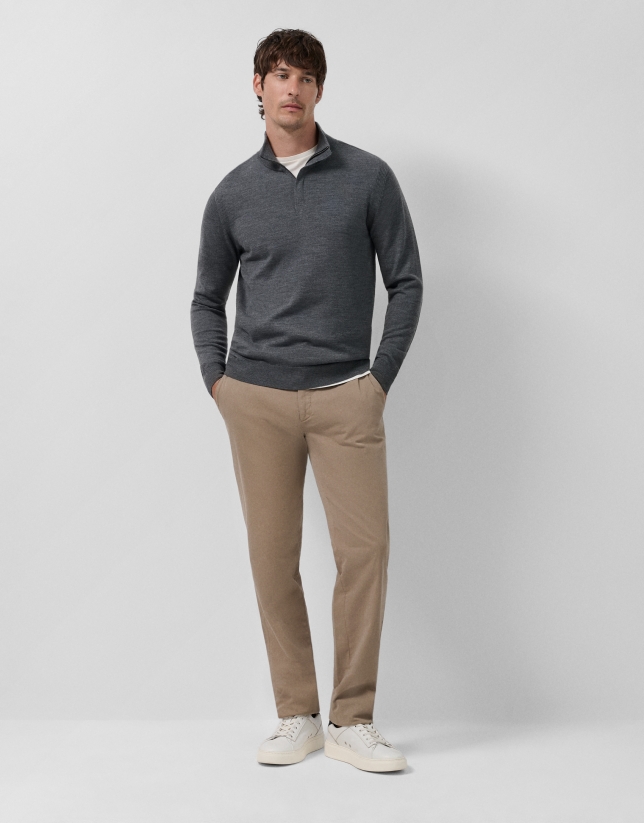 Jersey lana cuello cremallera gris melange