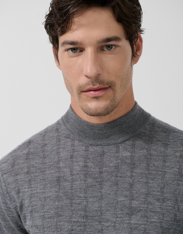Grey melange wool sweater with fancy work