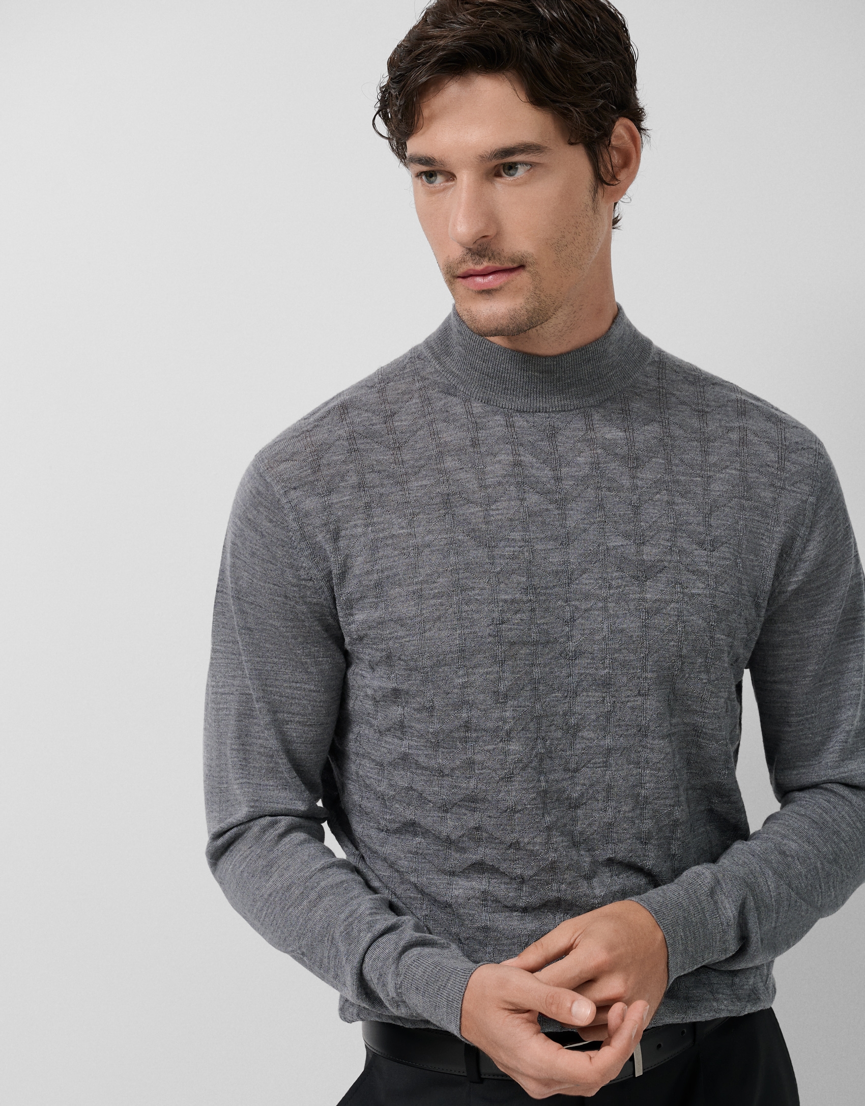Grey melange wool sweater with fancy work