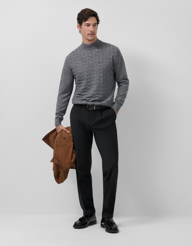 Grey melange wool sweater with fancy work