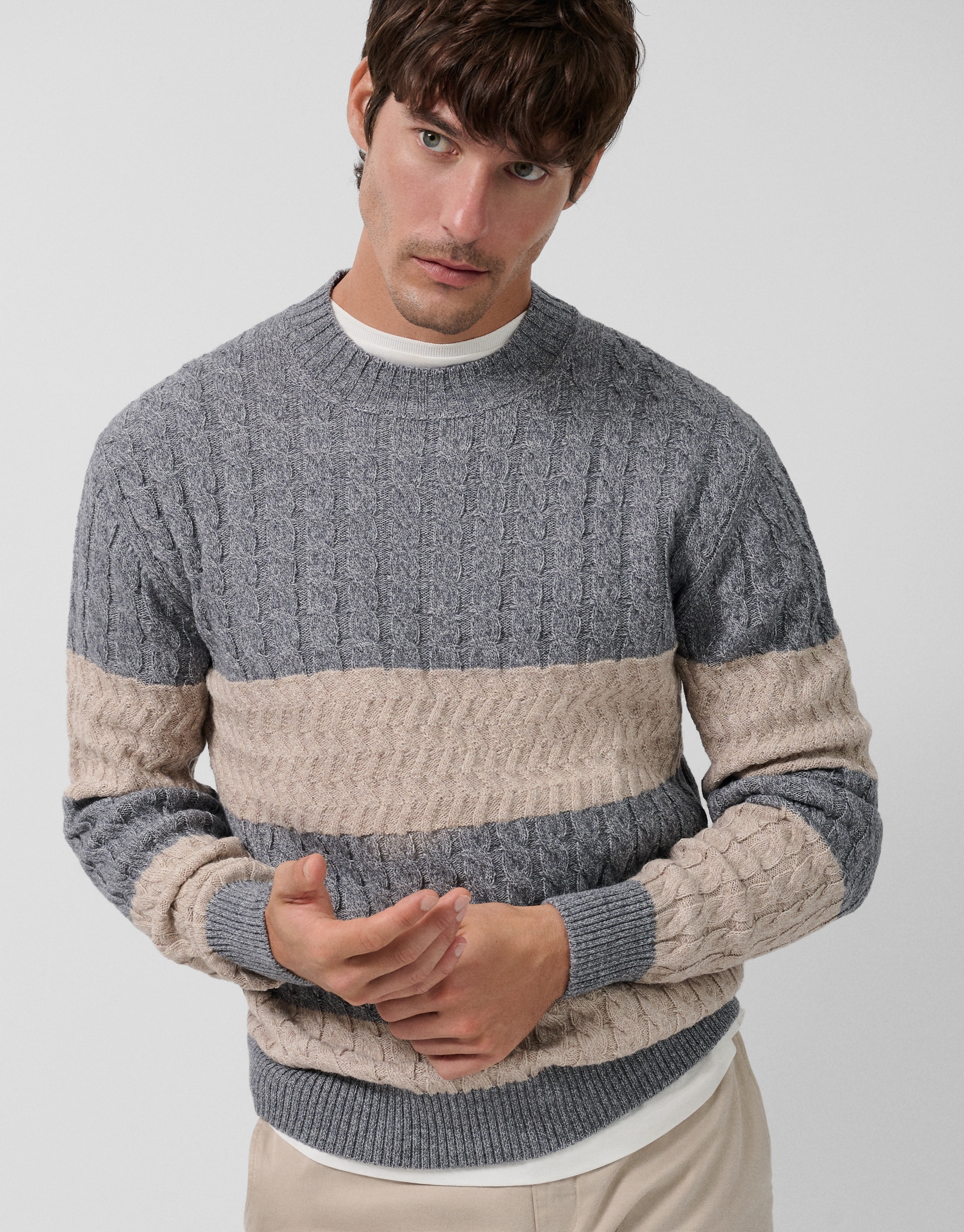 Jersey rayas y ochos lana gris melange y crudo