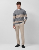 Striped and cable-knit sweater in grey melange and ecru wool