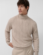 Sand-colored melange turtleneck sweater