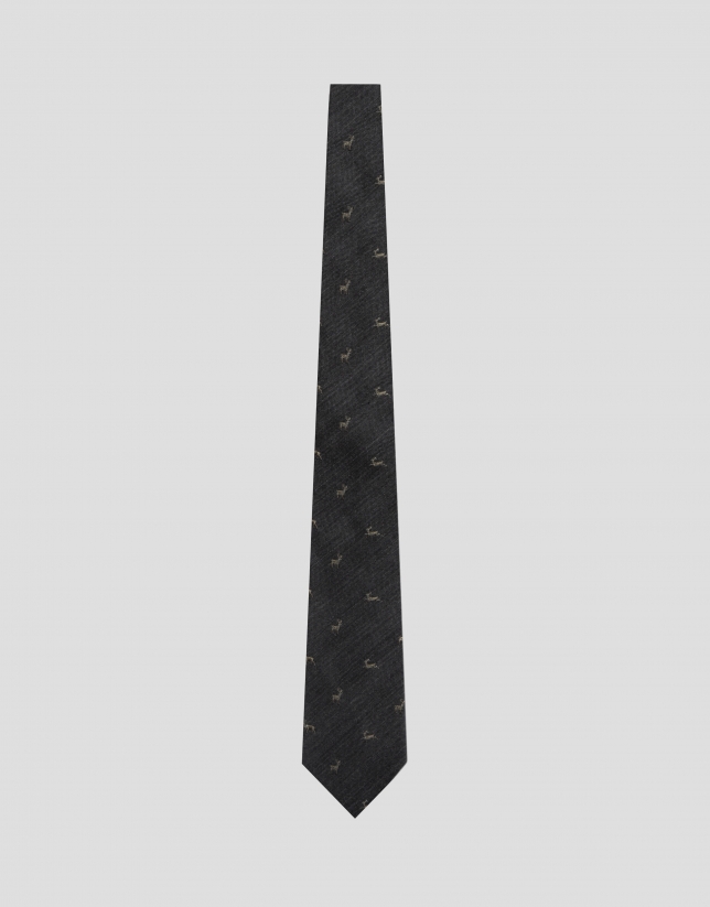 Grey silk/wool tie with deer design.