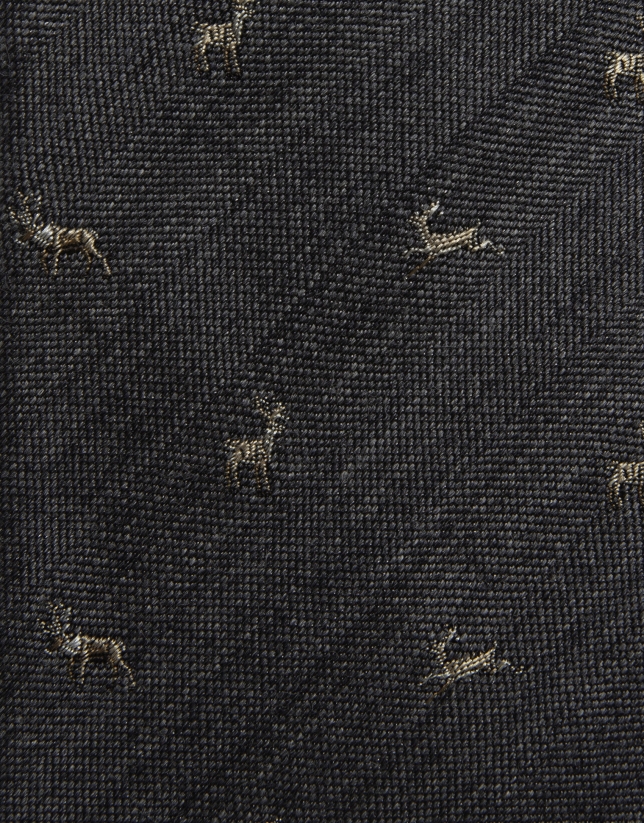 Corbata seda/lana gris dibujo ciervos.