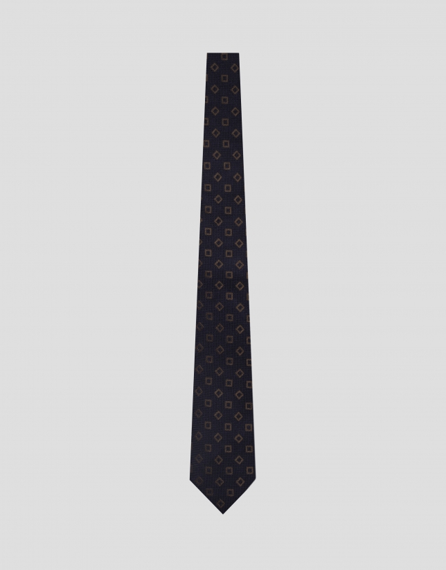 Navy silk tie with brown geometric jacquard