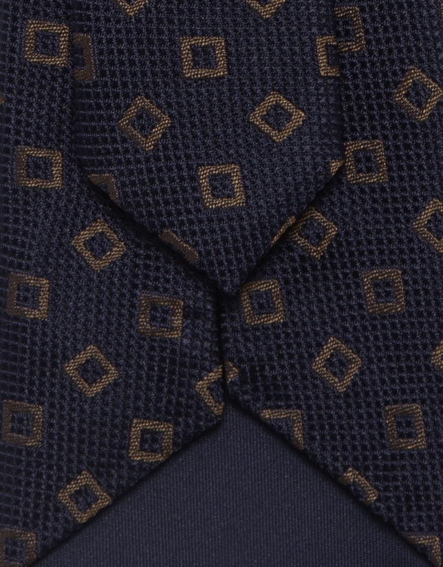 Navy silk tie with brown geometric jacquard