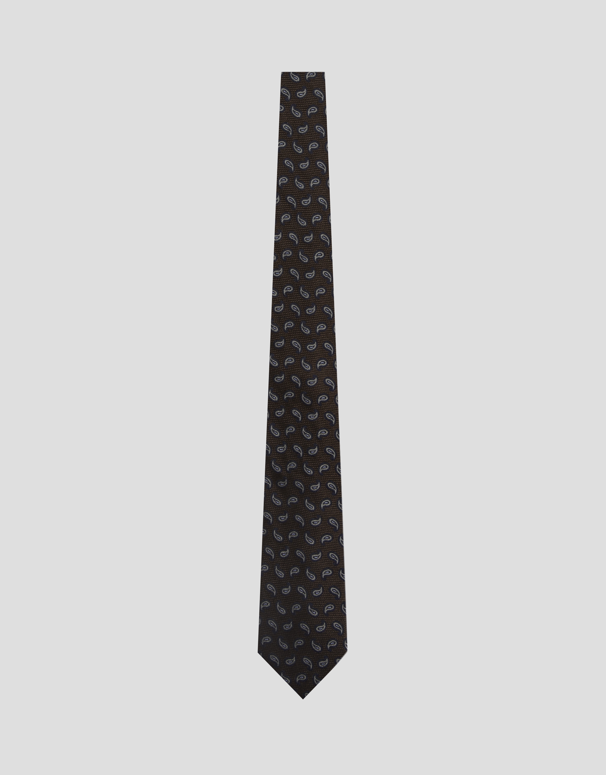 Brown silk tie with navy/white paisley jacquard