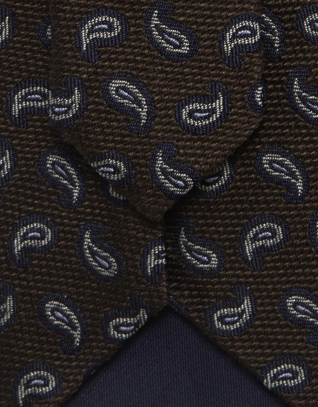 Brown silk tie with navy/white paisley jacquard