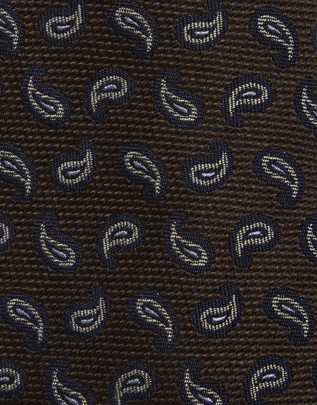 Brown silk tie with navy/white paisley jacquard