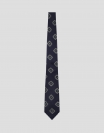 Navy blue silk tie with white/green square jacquard