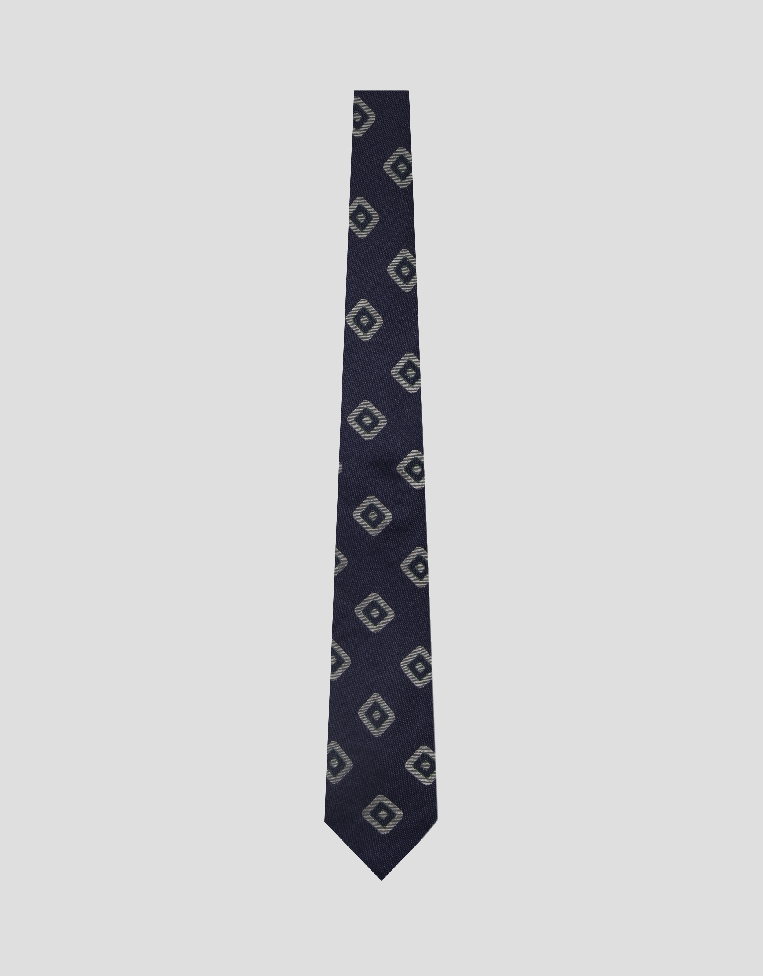 Navy blue silk tie with white/green square jacquard