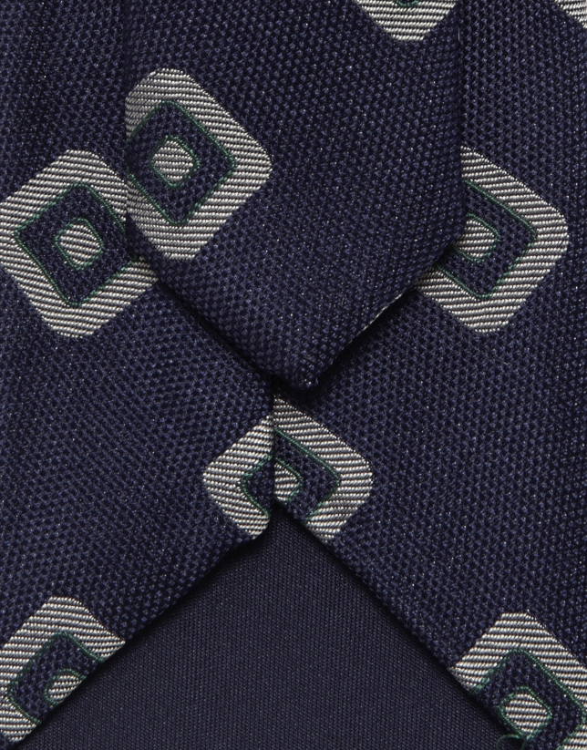 Navy blue silk tie with white/green square jacquard
