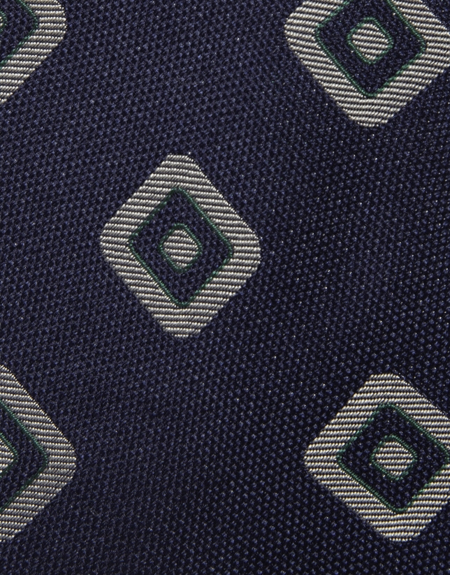 Navy blue silk tie with white/green square jacquard