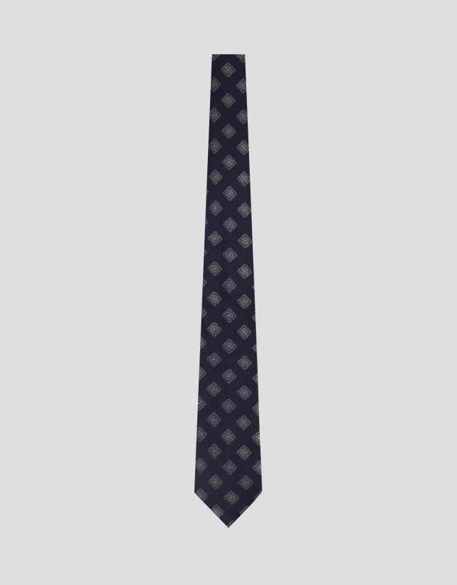 Corbata de seda marino jacquar fantasía blanco