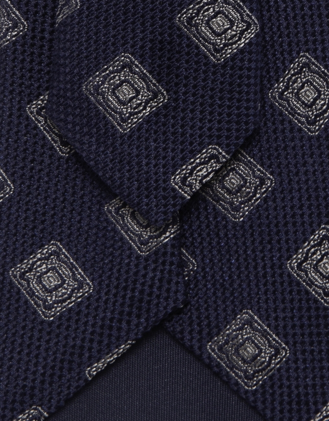 Corbata de seda marino jacquar fantasía blanco