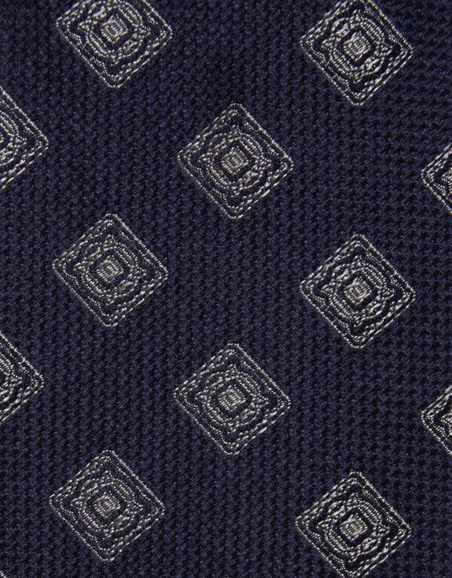 Corbata de seda marino jacquar fantasía blanco