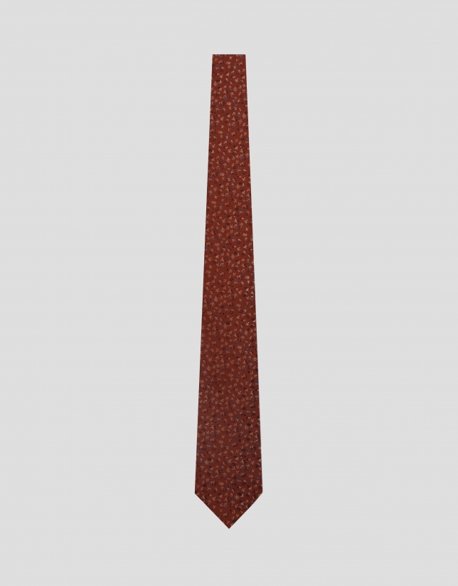Corbata de seda roja con jacquard flores tonos azules