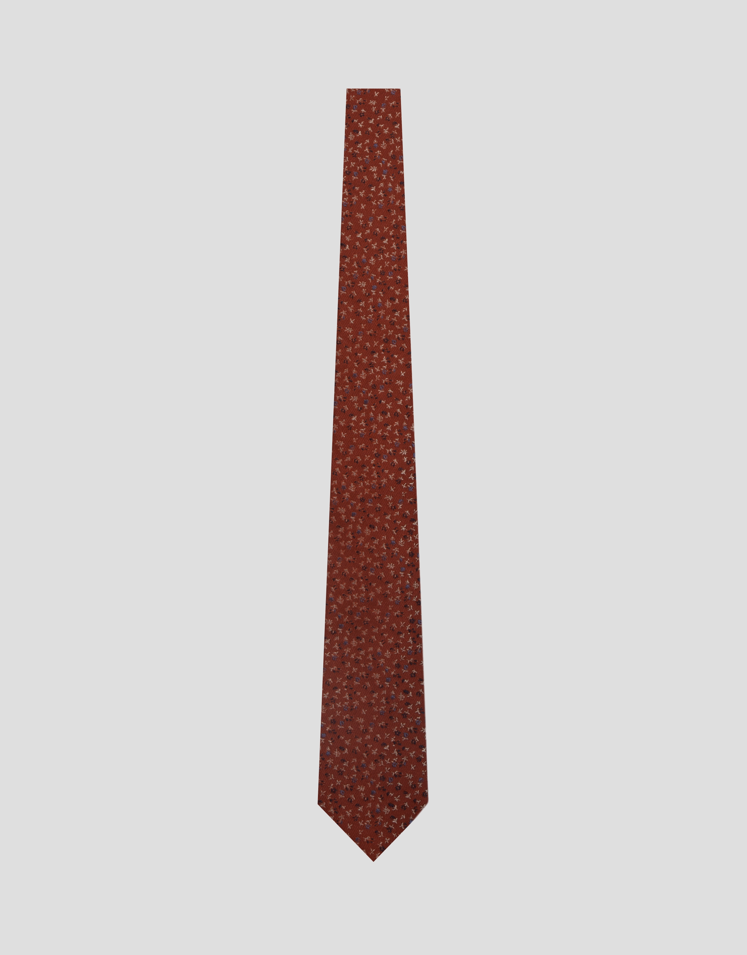 Red silk tie with jacquard flowers in blue tones