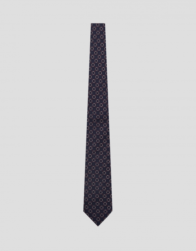 Navy silk tie with dark red and white jacquard