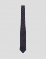 Navy silk tie with dark red and white jacquard