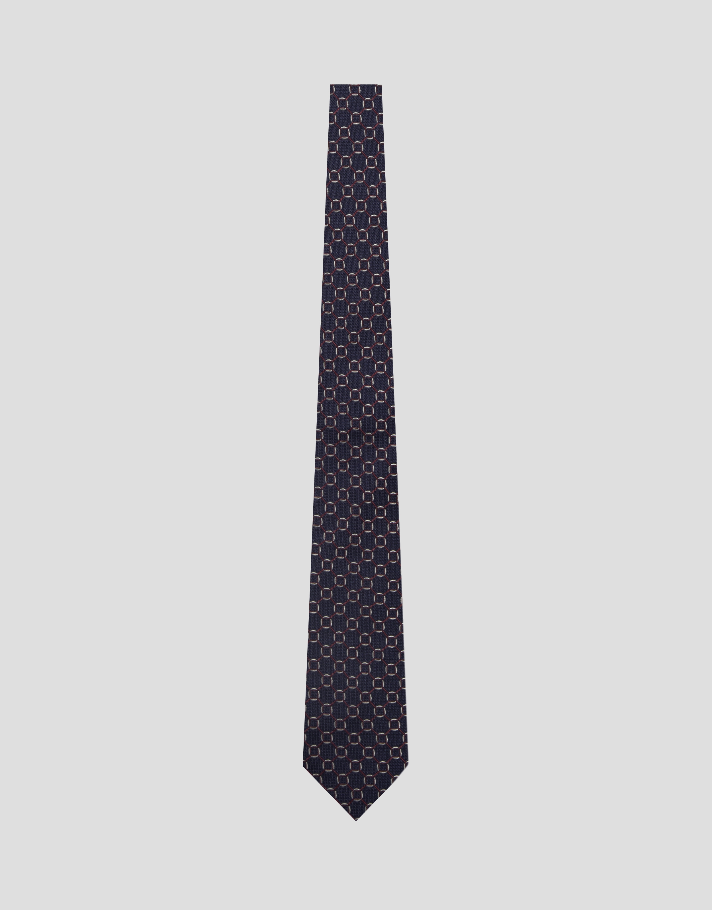 Navy silk tie with dark red and white jacquard