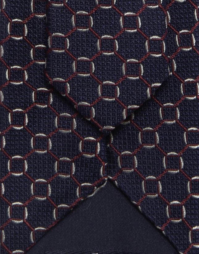 Navy silk tie with dark red and white jacquard
