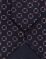 Navy silk tie with dark red and white jacquard