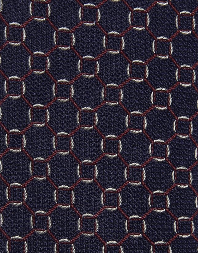 Navy silk tie with dark red and white jacquard