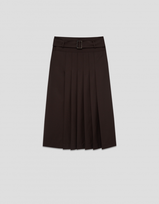 Falda midi recta con tablas delanteras marrón