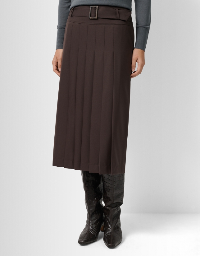 Brown straight midi skirt with front pleats